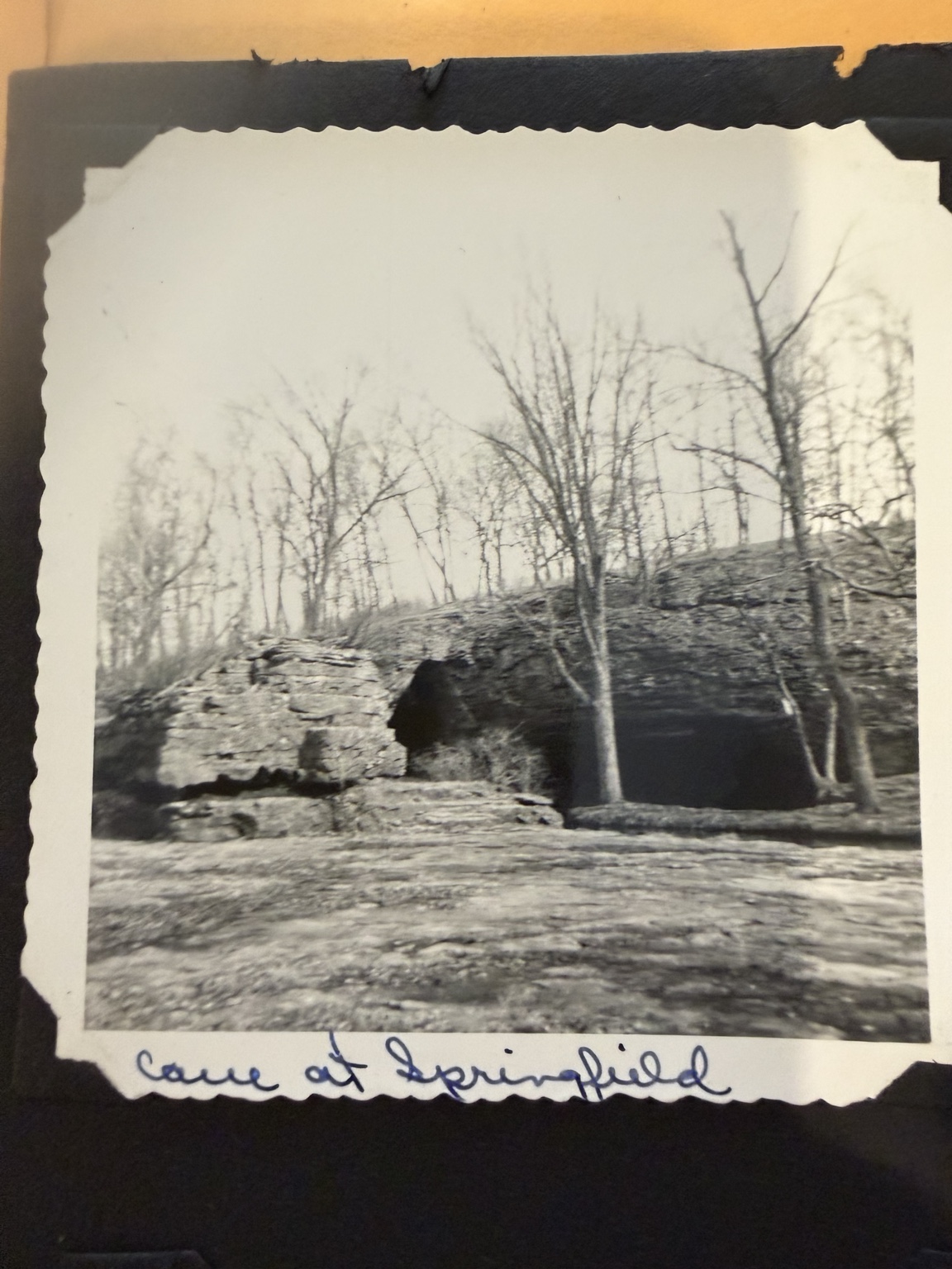 Cave openings in the Sequiota bluff, with the handwritten caption “Cave at Springfield.”