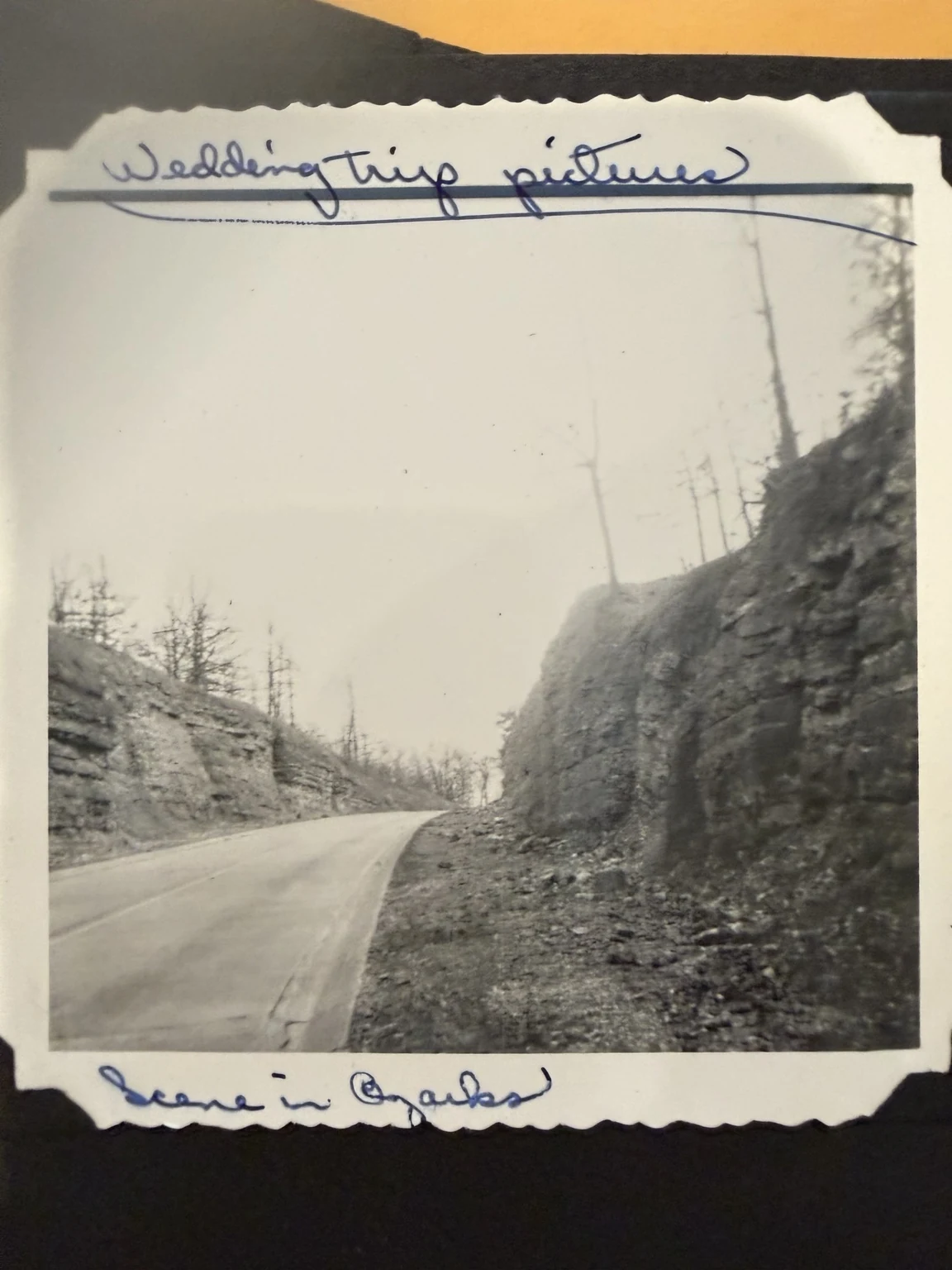 “Wedding trip pictures” and “Scene in Ozarks” (original inscriptions). A road through rock cuts; exact location and date are unconfirmed.