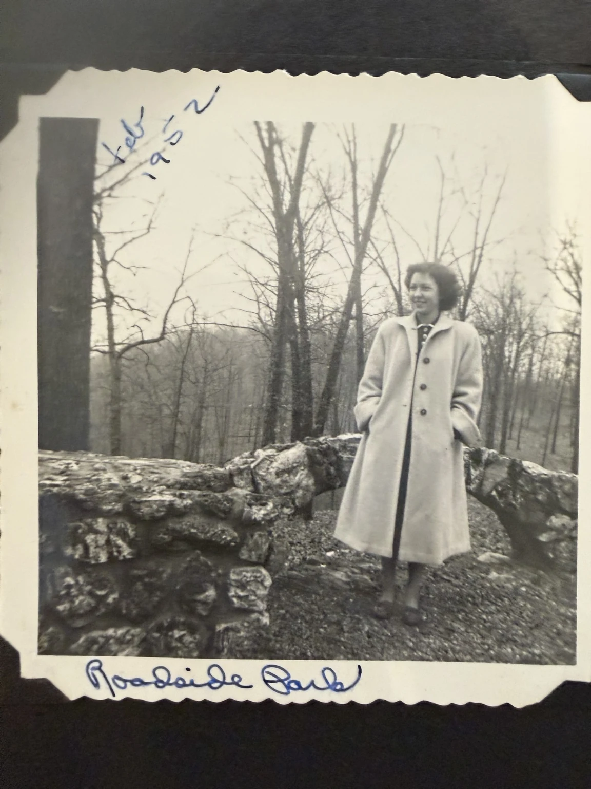 “Roadside Park” and “Feb 1952” (original inscriptions). The family collection identifies the person as Bridget. The park and exact day are unconfirmed.